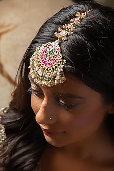 Gold Finish Kundan Polki & Pearl Maangtikka In Sterling Silver