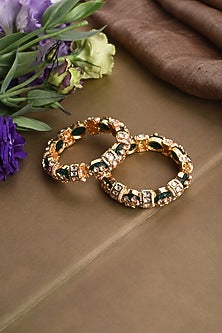 Gold Finish Kundan Polki & Green Onyx Bangles (Set of 2)