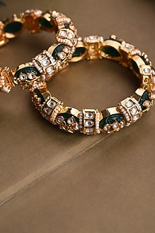 Gold Finish Kundan Polki & Green Onyx Bangles (Set of 2)