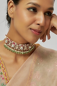 Gold Finish Kundan Polki & Onyx Drop Choker Necklace