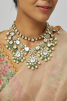 Gold Finish Kundan Polki & Pearl Drop Meenakari Long Necklace