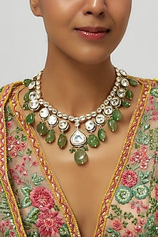 Gold Finish Kundan Polki & Onyx Drop Long Necklace