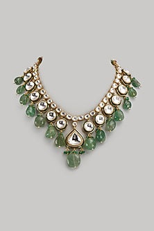 Gold Finish Kundan Polki & Onyx Drop Long Necklace