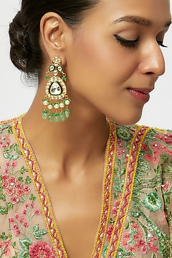 Gold Finish Kundan Polki & Multi-Colored Drop Dangler Earrings