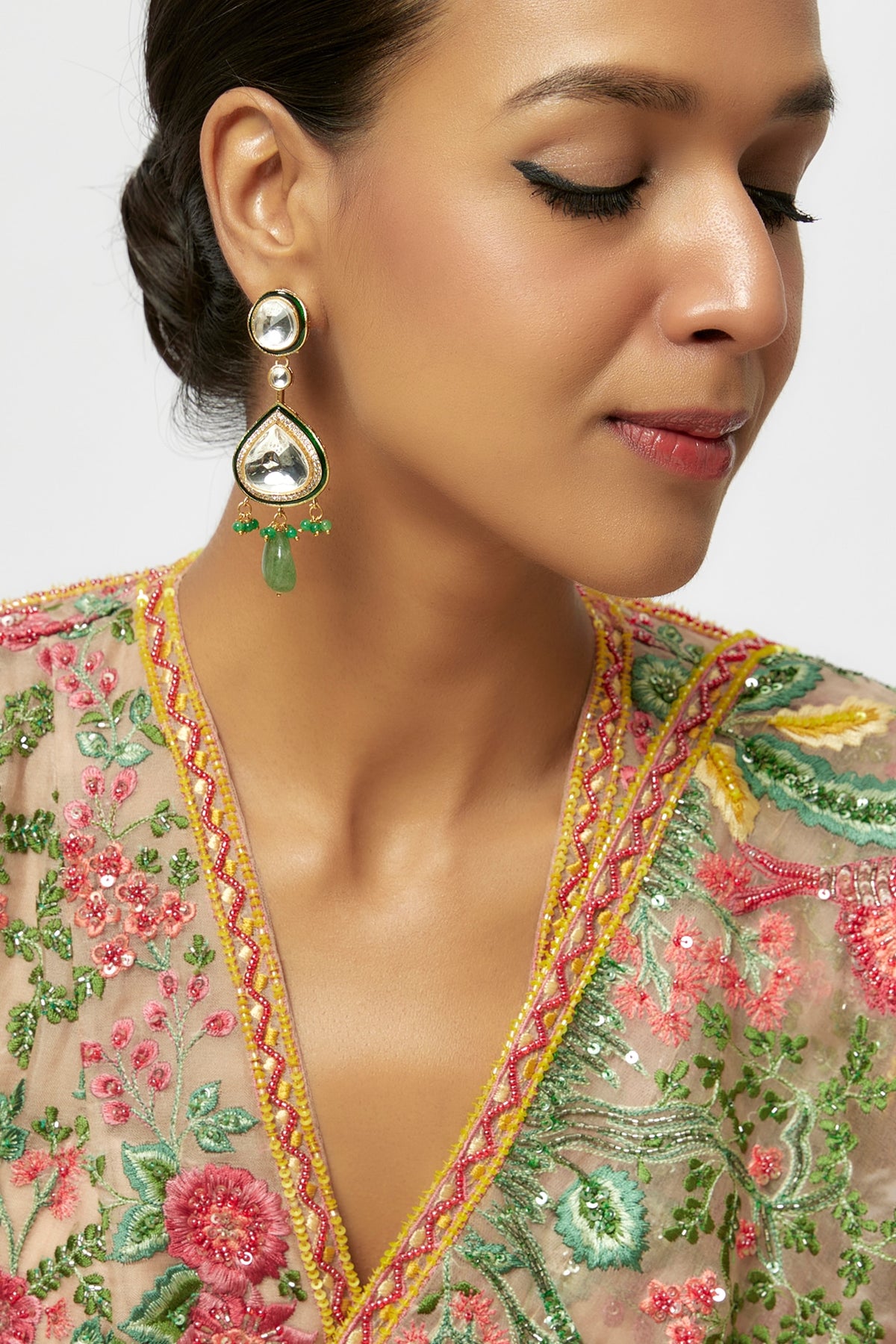 Gold Finish Kundan Polki & Onyx Drop Dangler Earrings