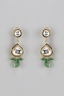 Gold Finish Kundan Polki & Onyx Drop Dangler Earrings