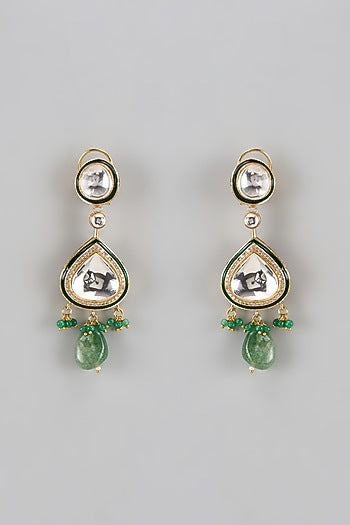 Gold Finish Kundan Polki & Onyx Drop Dangler Earrings