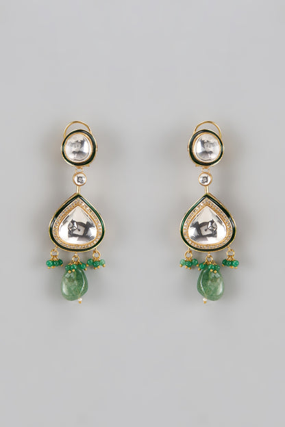 Gold Finish Kundan Polki & Onyx Drop Dangler Earrings
