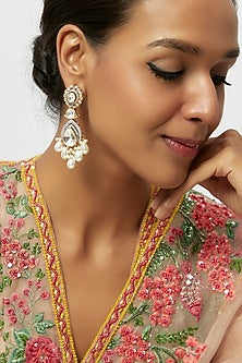 Gold Finish Kundan Polki & Pearl Drop Dangler Earrings