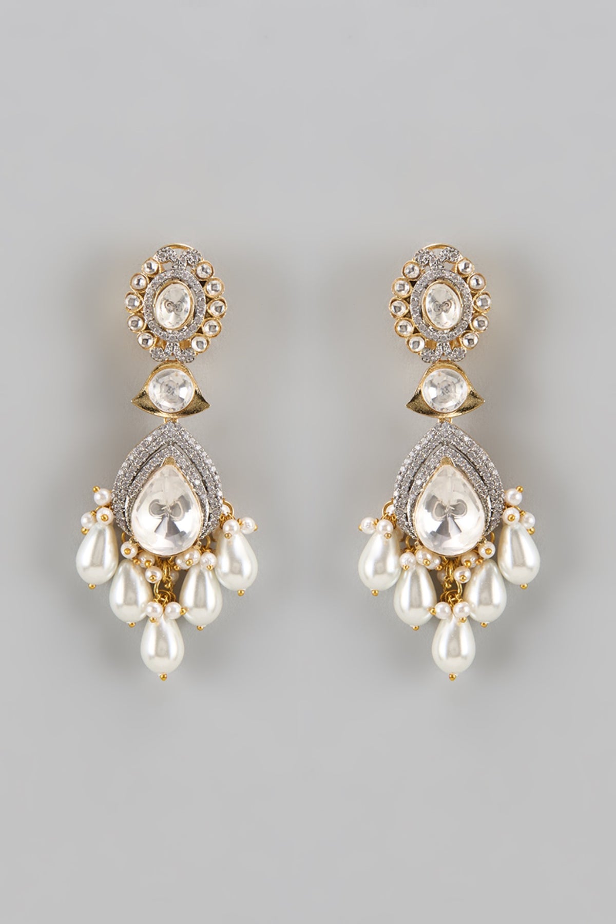 Gold Finish Kundan Polki & Pearl Drop Dangler Earrings