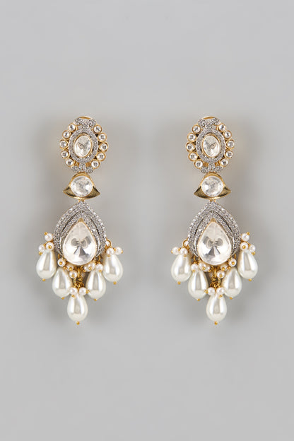 Gold Finish Kundan Polki & Pearl Drop Dangler Earrings