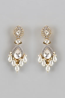 Gold Finish Kundan Polki & Pearl Drop Dangler Earrings