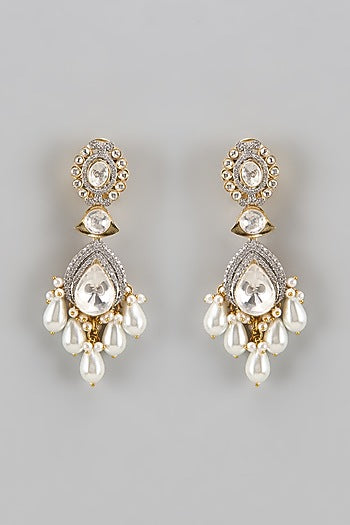 Gold Finish Kundan Polki & Pearl Drop Dangler Earrings
