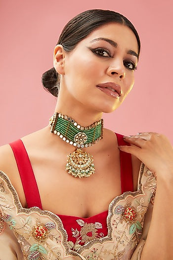 Gold Finish Mint Kundan Polki & Pearl Choker Necklace