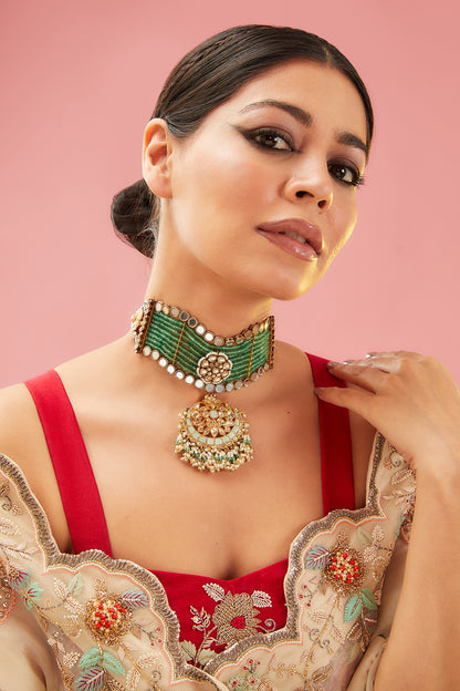 Gold Finish Mint Kundan Polki & Pearl Choker Necklace
