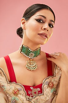 Gold Finish Mint Kundan Polki & Pearl Choker Necklace