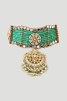 Gold Finish Mint Kundan Polki & Pearl Choker Necklace