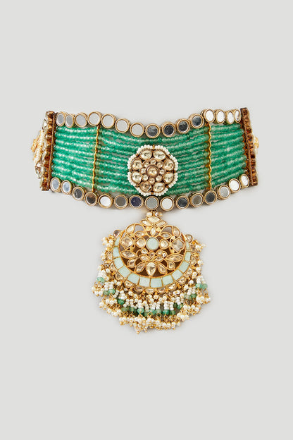 Gold Finish Mint Kundan Polki & Pearl Choker Necklace