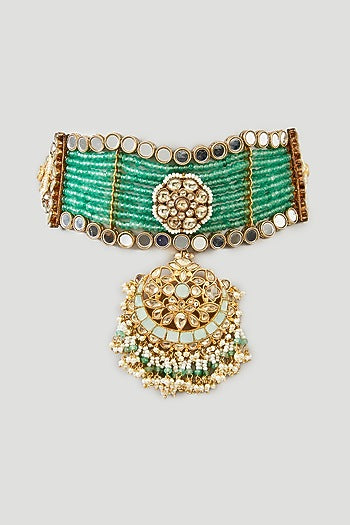 Gold Finish Mint Kundan Polki & Pearl Choker Necklace