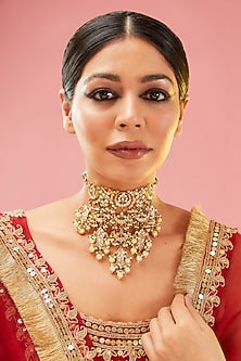 Gold Finish Red Kundan Polki & Pearl Choker Necklace
