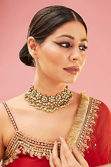 Gold Finish Green Kundan Polki & Onyx Choker Necklace