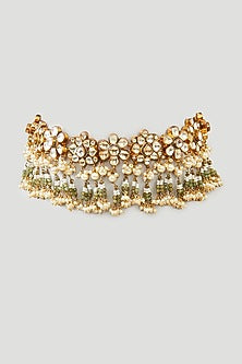 Gold Finish Green Kundan Polki & Onyx Choker Necklace