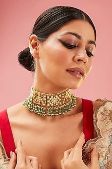 Gold Finish Green Kundan Polki & Onyx Choker Necklace