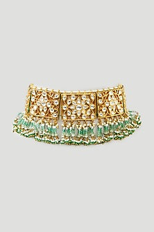 Gold Finish Green Kundan Polki & Onyx Choker Necklace