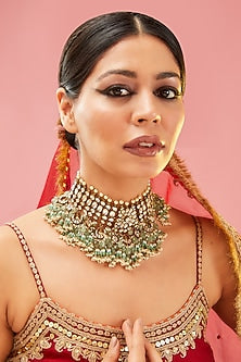 Gold Finish Green Kundan Polki & Pearl Choker Necklace