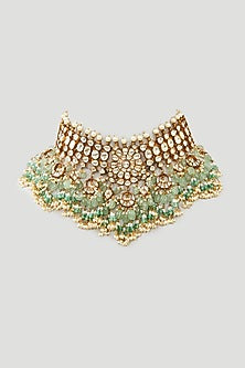 Gold Finish Green Kundan Polki & Pearl Choker Necklace