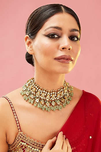 Gold Finish Mint Kundan Polki & Fluorite Choker Necklace
