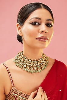 Gold Finish Mint Kundan Polki & Fluorite Choker Necklace