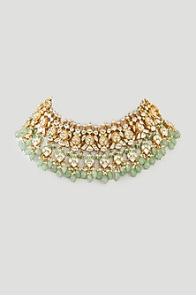 Gold Finish Mint Kundan Polki & Fluorite Choker Necklace