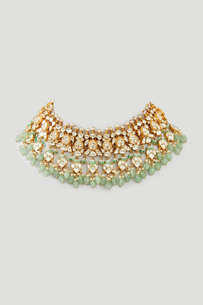 Gold Finish Mint Kundan Polki & Fluorite Choker Necklace