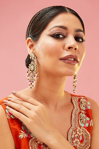 Gold Finish Pink Kundan Polki Dangler Earrings