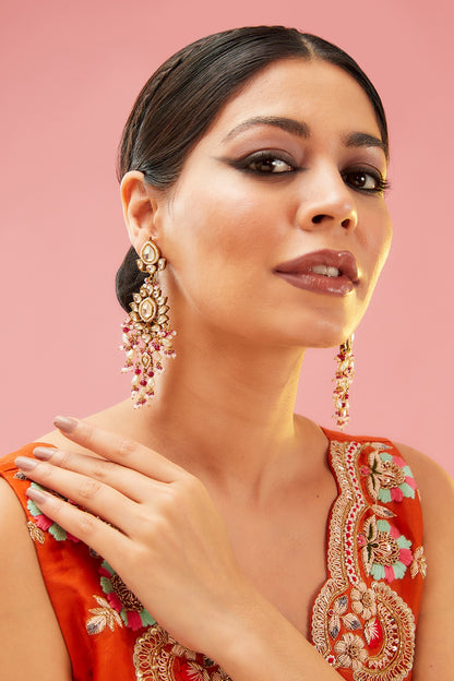 Gold Finish Pink Kundan Polki Dangler Earrings