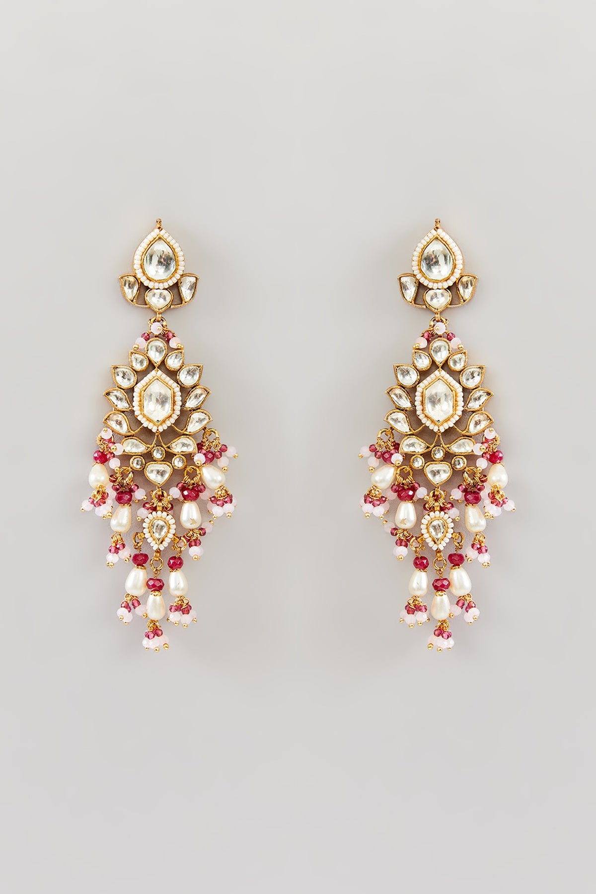 Gold Finish Pink Kundan Polki Dangler Earrings