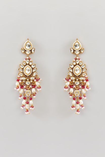 Gold Finish Pink Kundan Polki Dangler Earrings