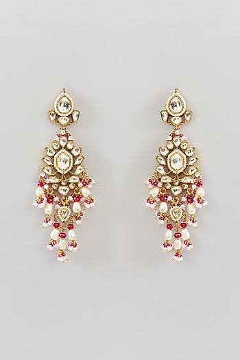 Gold Finish Pink Kundan Polki Dangler Earrings