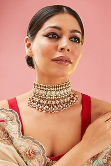 Gold Finish Pink Kundan Polki Choker Necklace