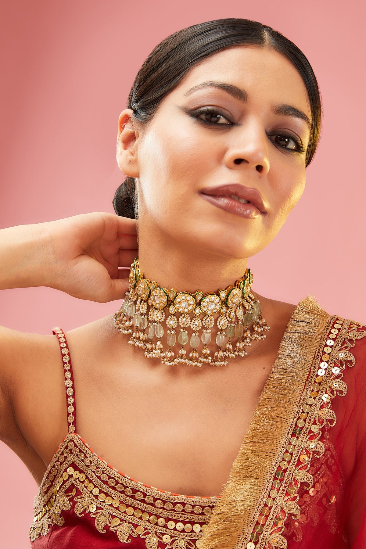 Gold Finish Mint Kundan Polki & Fluorite Choker Necklace