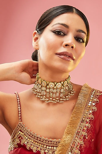 Gold Finish Mint Kundan Polki & Fluorite Choker Necklace