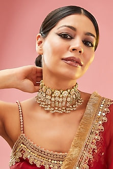 Gold Finish Mint Kundan Polki & Fluorite Choker Necklace
