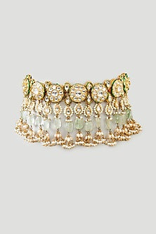 Gold Finish Mint Kundan Polki & Fluorite Choker Necklace