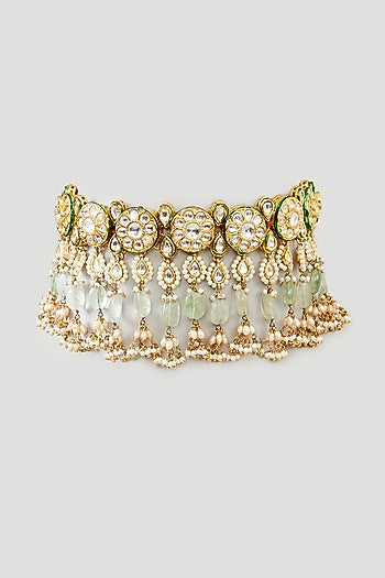 Gold Finish Mint Kundan Polki & Fluorite Choker Necklace