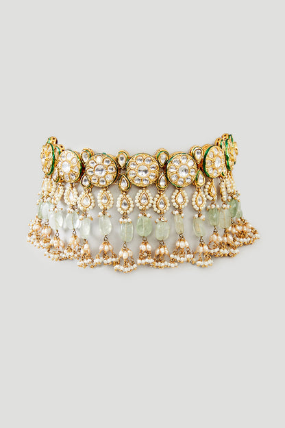 Gold Finish Mint Kundan Polki & Fluorite Choker Necklace