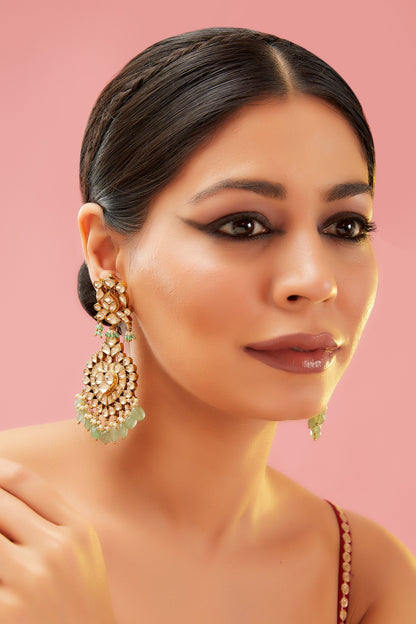 Gold Finish Kundan Polki & Fluorite Dangler Earrings