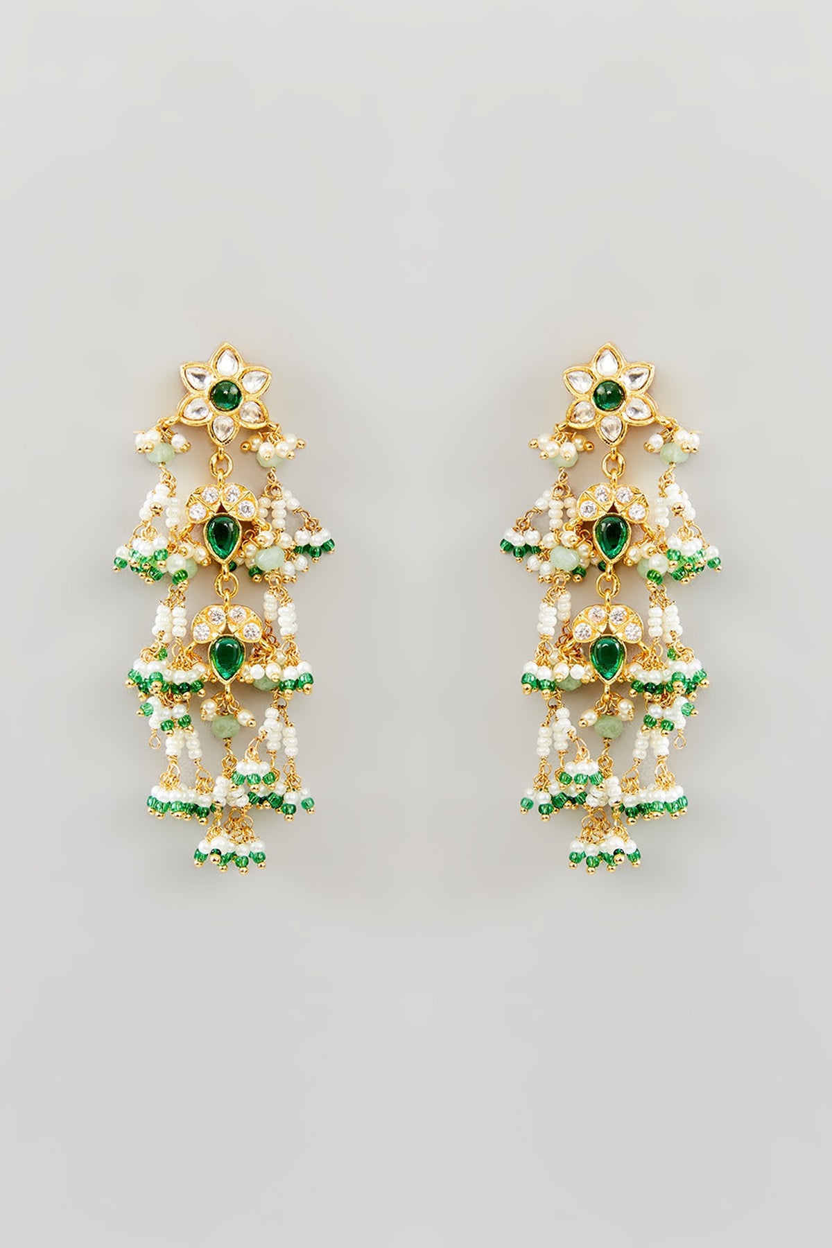 Gold Finish Kundan Polki & Green Drop Dangler Earrings