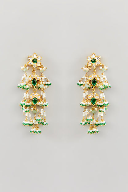 Gold Finish Kundan Polki & Green Drop Dangler Earrings