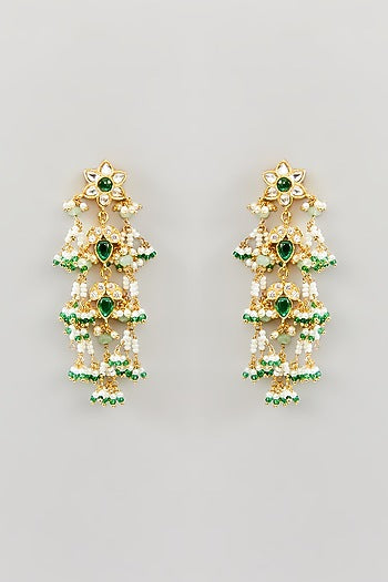 Gold Finish Kundan Polki & Green Drop Dangler Earrings